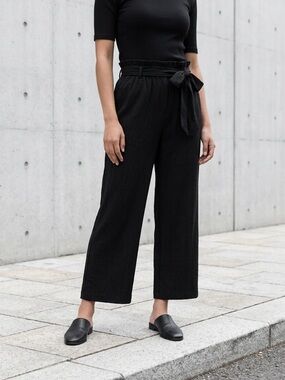 High-Rise Black Paperbag Waist Wide-Leg Pants with Tie
